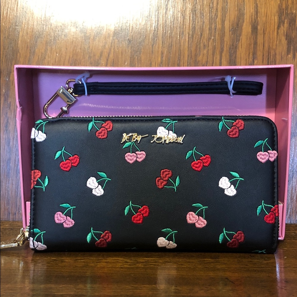NWT-Betsey Johnson-Cherry🍒Embroidered-Large Wristlet Zip Around Wallet-$58